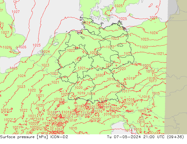 Presión superficial ICON-D2 mar 07.05.2024 21 UTC