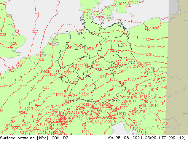Atmosférický tlak ICON-D2 St 08.05.2024 03 UTC