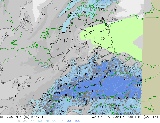 RH 700 hPa ICON-D2 We 08.05.2024 09 UTC