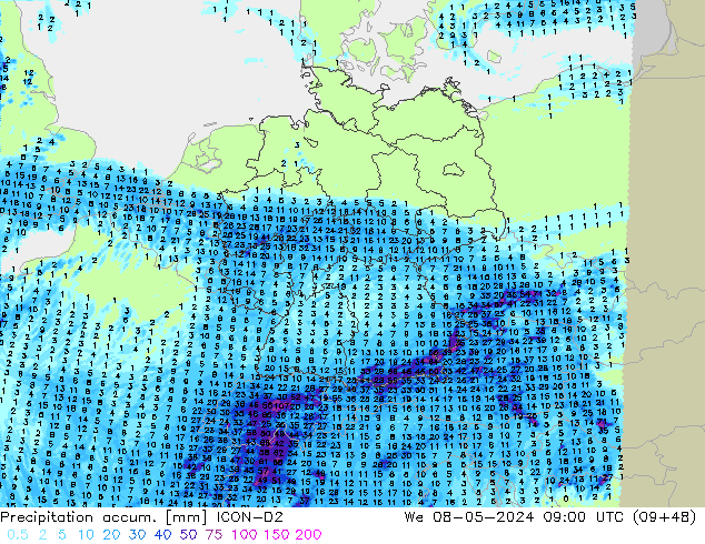 Precipitation accum. ICON-D2 mer 08.05.2024 09 UTC