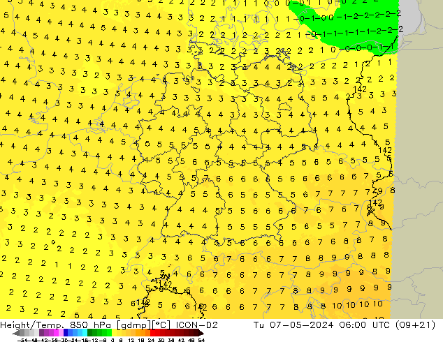 Yükseklik/Sıc. 850 hPa ICON-D2 Sa 07.05.2024 06 UTC