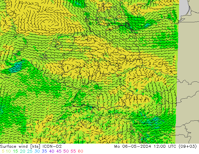 Surface wind ICON-D2 Po 06.05.2024 12 UTC