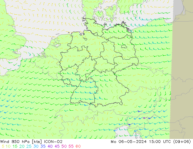 Viento 850 hPa ICON-D2 lun 06.05.2024 15 UTC