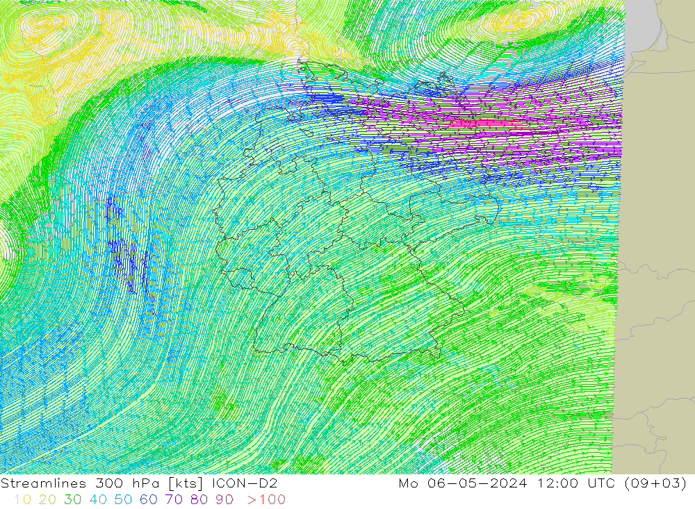 Linea di flusso 300 hPa ICON-D2 lun 06.05.2024 12 UTC