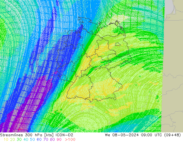 Stroomlijn 300 hPa ICON-D2 wo 08.05.2024 09 UTC