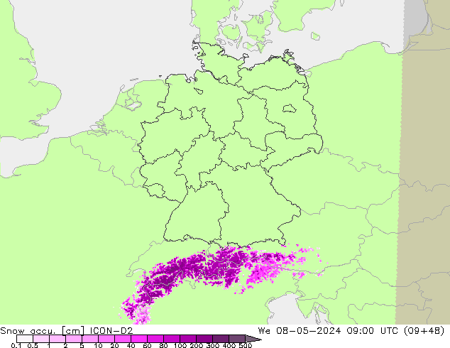 Snow accu. ICON-D2 śro. 08.05.2024 09 UTC
