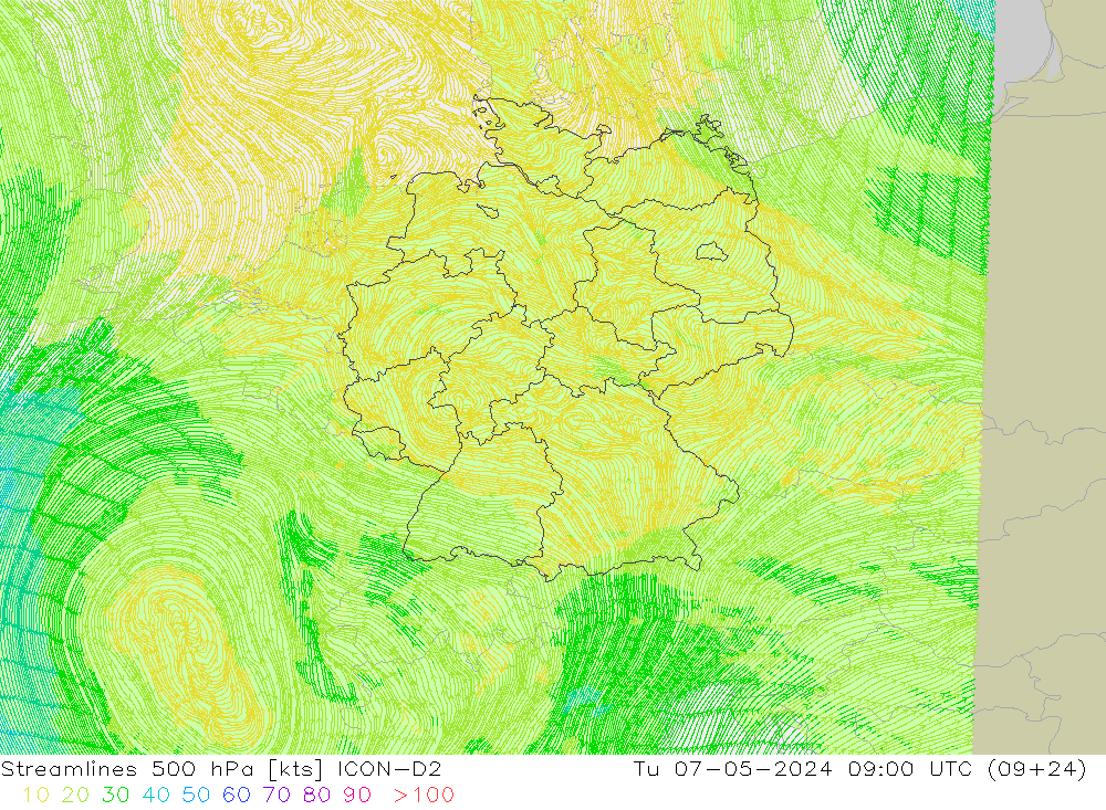 Streamlines 500 hPa ICON-D2 Tu 07.05.2024 09 UTC