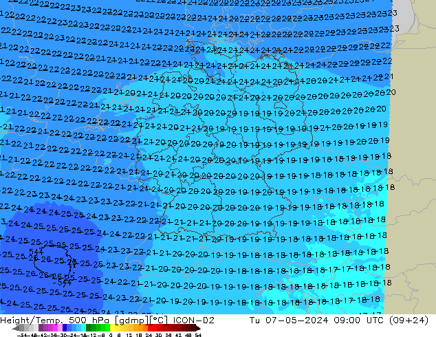 Height/Temp. 500 hPa ICON-D2 Di 07.05.2024 09 UTC