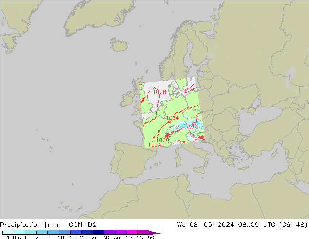 Niederschlag ICON-D2 Mi 08.05.2024 09 UTC