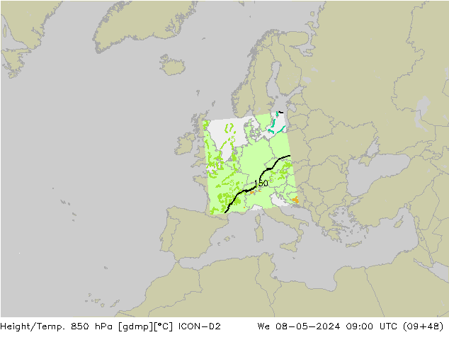 Hoogte/Temp. 850 hPa ICON-D2 wo 08.05.2024 09 UTC