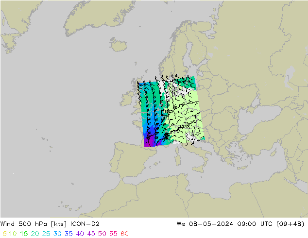 ветер 500 гПа ICON-D2 ср 08.05.2024 09 UTC
