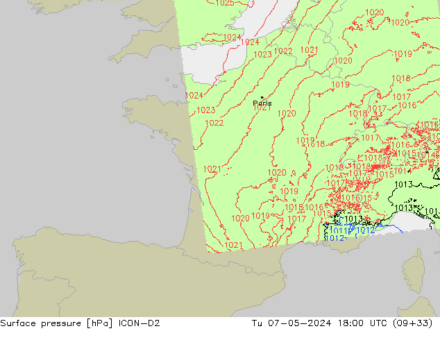 Surface pressure ICON-D2 Tu 07.05.2024 18 UTC