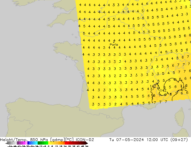 Height/Temp. 850 hPa ICON-D2 Tu 07.05.2024 12 UTC