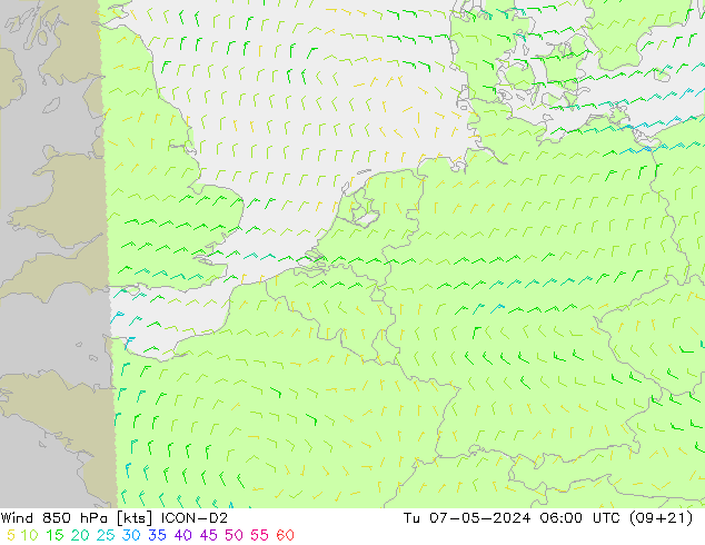 Wind 850 hPa ICON-D2 Tu 07.05.2024 06 UTC