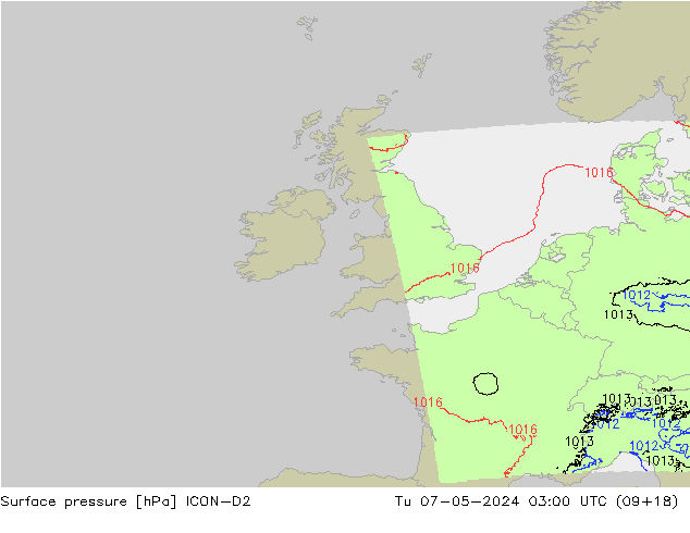 Surface pressure ICON-D2 Tu 07.05.2024 03 UTC