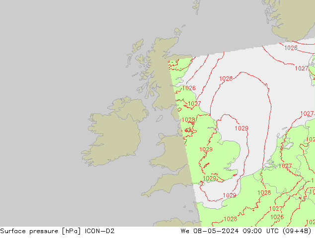 pressão do solo ICON-D2 Qua 08.05.2024 09 UTC