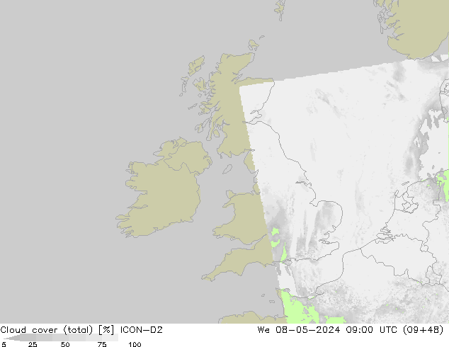 Nuages (total) ICON-D2 mer 08.05.2024 09 UTC