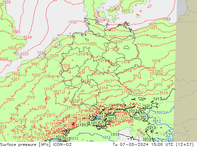 Surface pressure ICON-D2 Tu 07.05.2024 15 UTC