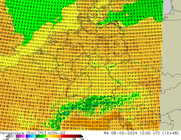 Temperature (2m) ICON-D2 We 08.05.2024 12 UTC