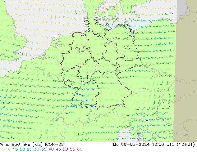 Rüzgar 850 hPa ICON-D2 Pzt 06.05.2024 13 UTC