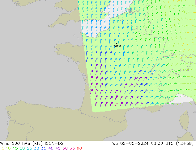 Wind 500 hPa ICON-D2 We 08.05.2024 03 UTC