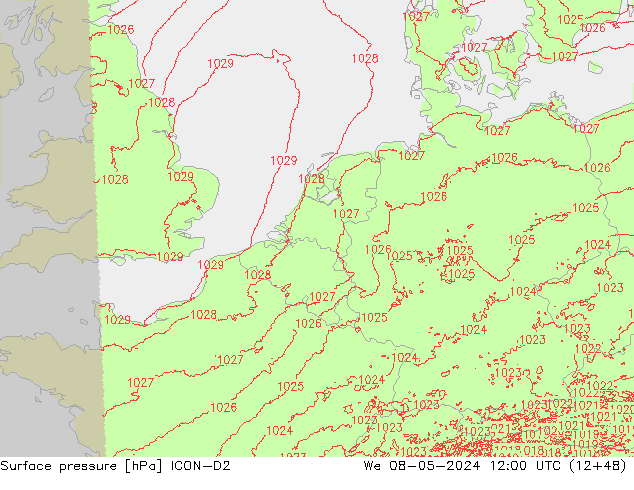 Surface pressure ICON-D2 We 08.05.2024 12 UTC