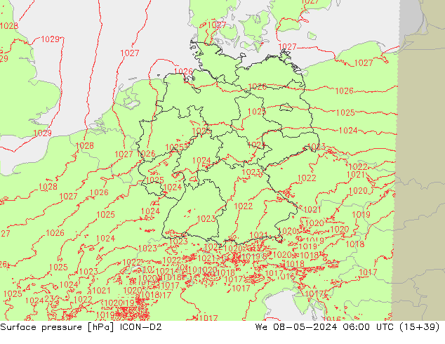 Surface pressure ICON-D2 We 08.05.2024 06 UTC