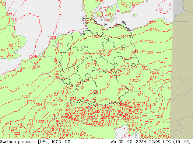 Surface pressure ICON-D2 We 08.05.2024 12 UTC