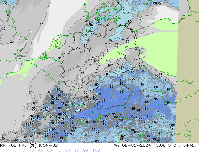 RH 700 hPa ICON-D2 We 08.05.2024 15 UTC