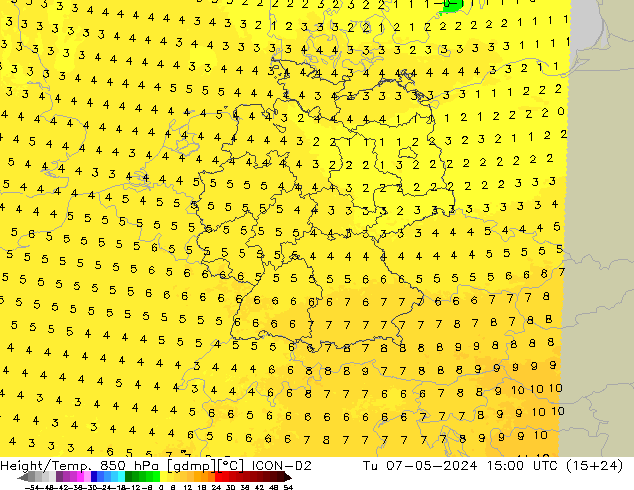 Height/Temp. 850 hPa ICON-D2 Di 07.05.2024 15 UTC