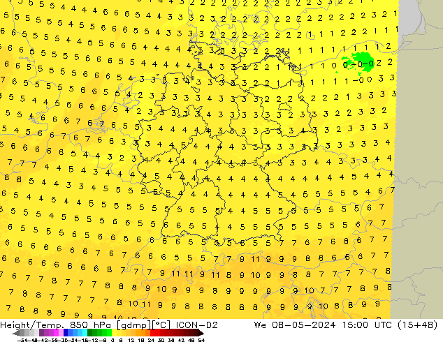 Height/Temp. 850 hPa ICON-D2 St 08.05.2024 15 UTC