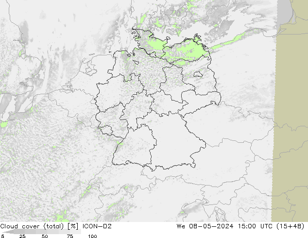 Cloud cover (total) ICON-D2 We 08.05.2024 15 UTC