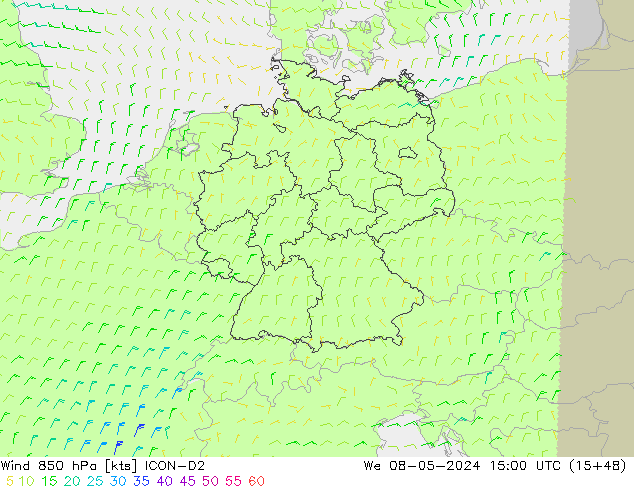 wiatr 850 hPa ICON-D2 śro. 08.05.2024 15 UTC