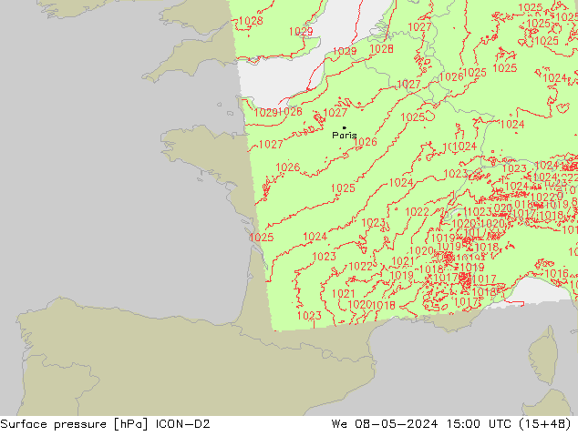 Surface pressure ICON-D2 We 08.05.2024 15 UTC