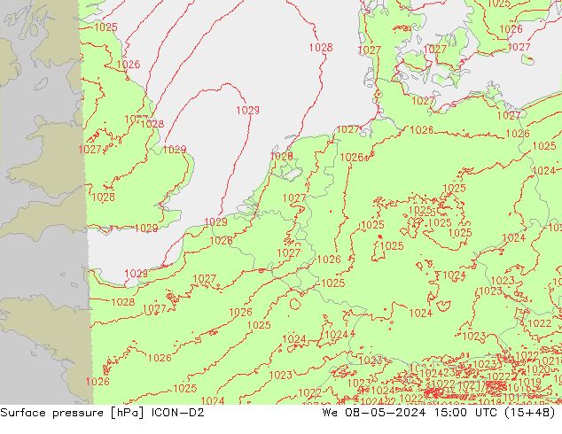 Surface pressure ICON-D2 We 08.05.2024 15 UTC