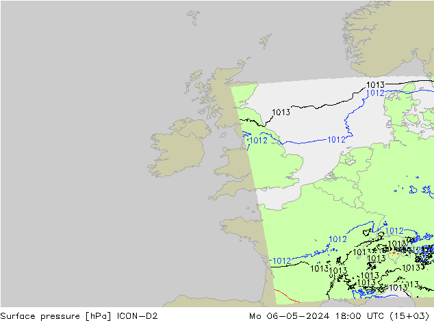 Pressione al suolo ICON-D2 lun 06.05.2024 18 UTC