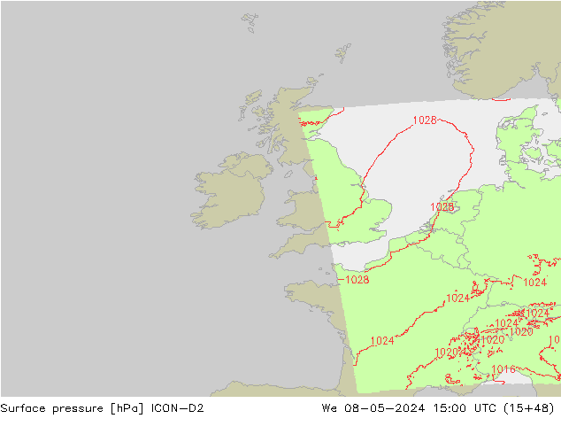 Surface pressure ICON-D2 We 08.05.2024 15 UTC