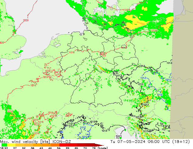 Max. wind velocity ICON-D2 Tu 07.05.2024 06 UTC