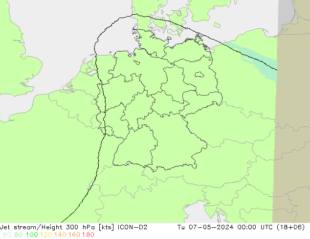 Corriente en chorro ICON-D2 mar 07.05.2024 00 UTC