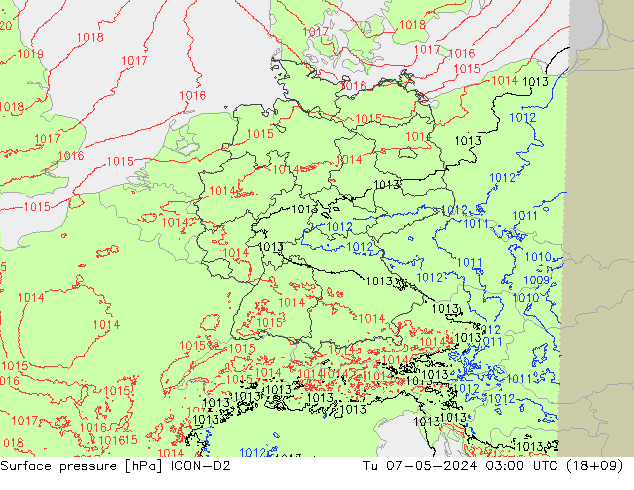 Atmosférický tlak ICON-D2 Út 07.05.2024 03 UTC