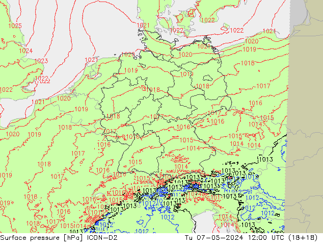 Pressione al suolo ICON-D2 mar 07.05.2024 12 UTC