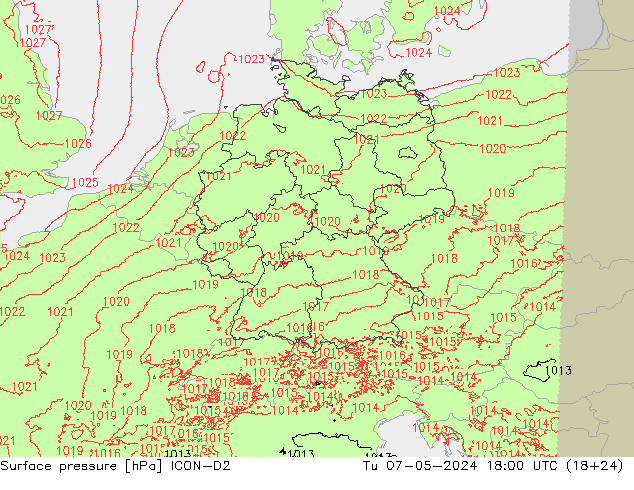 Surface pressure ICON-D2 Tu 07.05.2024 18 UTC