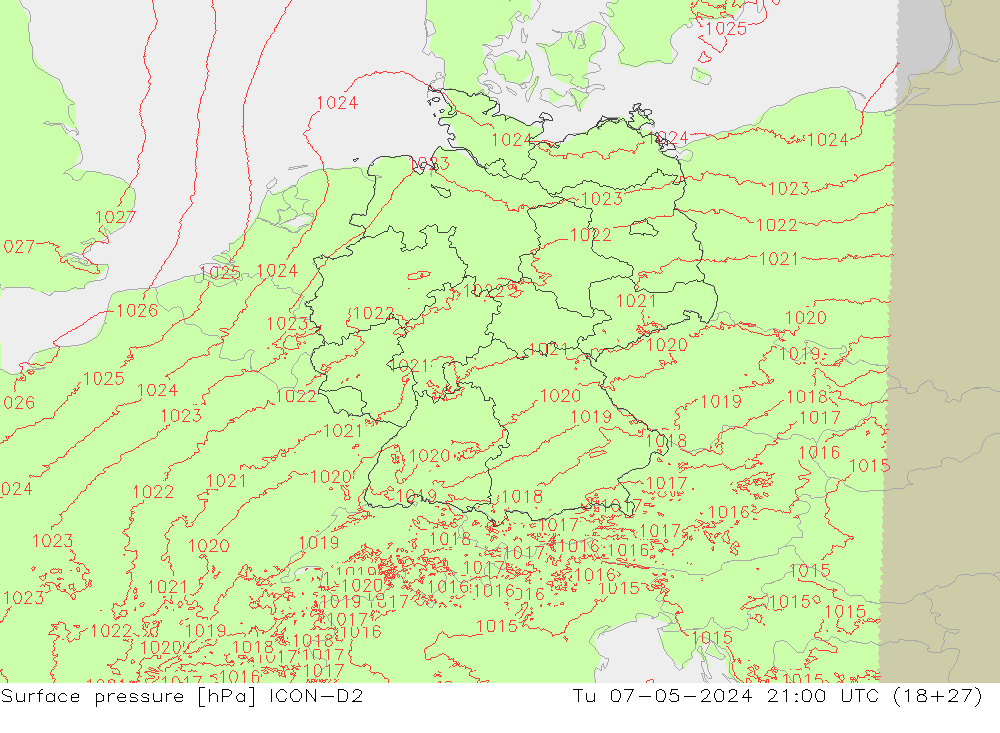 Surface pressure ICON-D2 Tu 07.05.2024 21 UTC