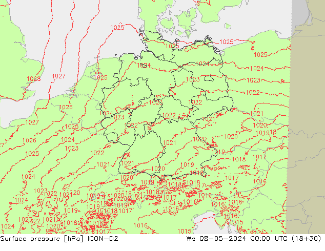 Atmosférický tlak ICON-D2 St 08.05.2024 00 UTC