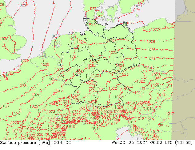 Atmosférický tlak ICON-D2 St 08.05.2024 06 UTC