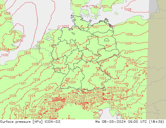 Atmosférický tlak ICON-D2 St 08.05.2024 09 UTC