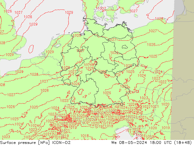 Atmosférický tlak ICON-D2 St 08.05.2024 18 UTC