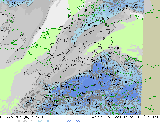 Humidité rel. 700 hPa ICON-D2 mer 08.05.2024 18 UTC