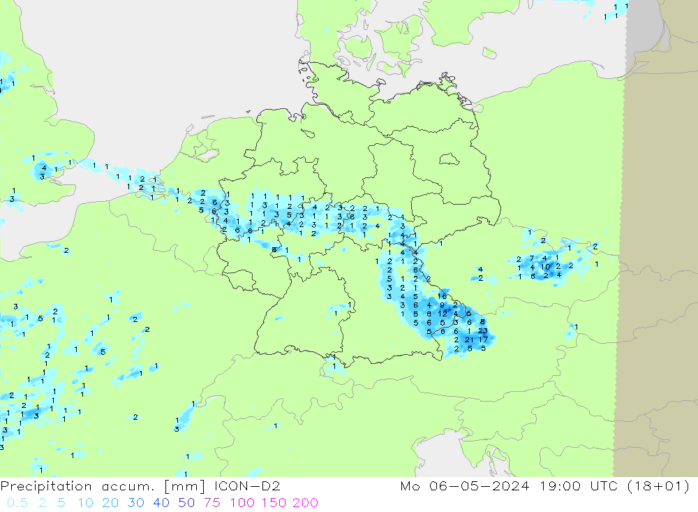 Precipitation accum. ICON-D2 Mo 06.05.2024 19 UTC