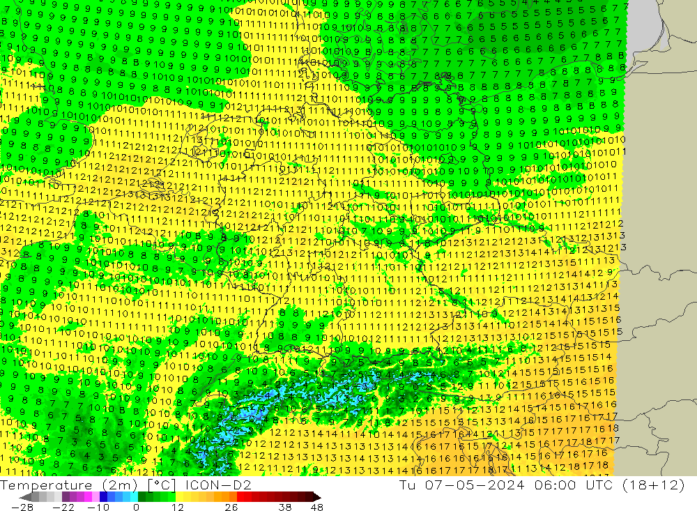 Temperature (2m) ICON-D2 Tu 07.05.2024 06 UTC